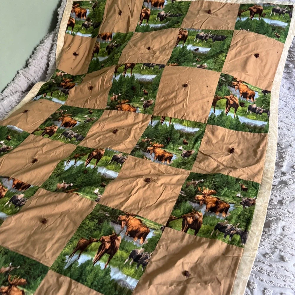 Handmade Vintage Moose Patchwork Quilt Blanket Brown Green Rustic Cabin Lodge